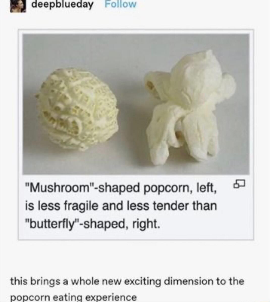 deepblueday roliow Mushroom shaped popcorn left 7 is less fragile and less tender than butterfly shaped right this brings a whole new exciting dimension to the popcorn eating experience