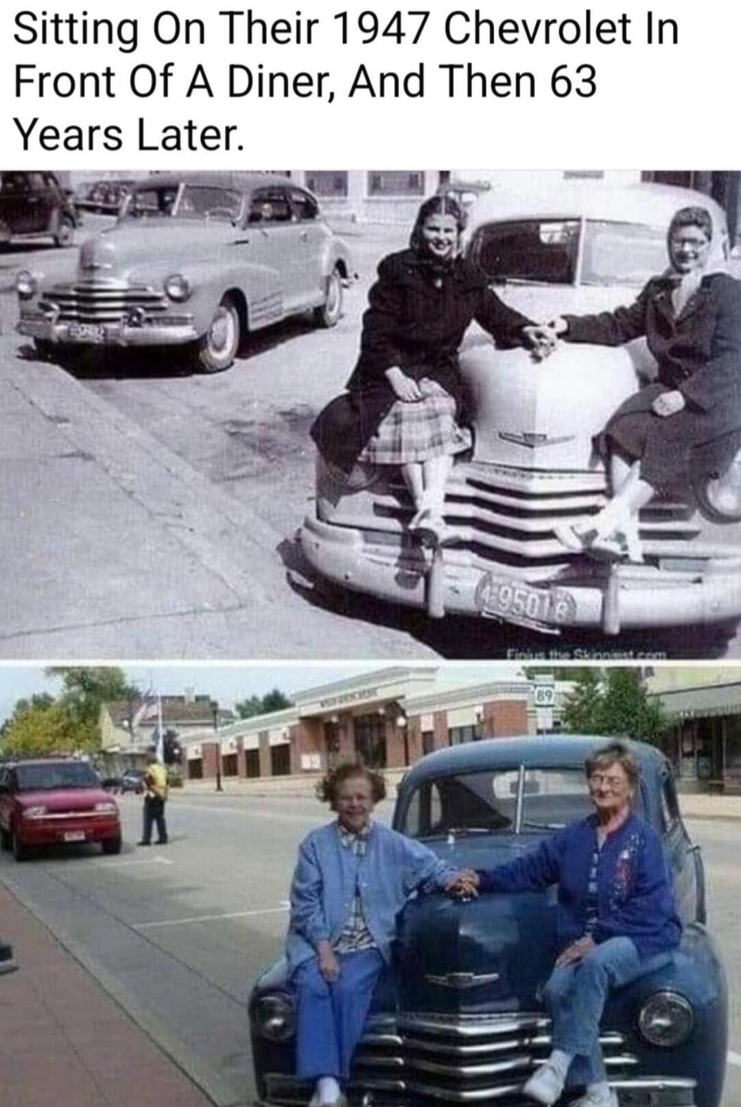 Sitting On Their 1947 Chevrolet In Front Of A Diner And Then 63 Years Later