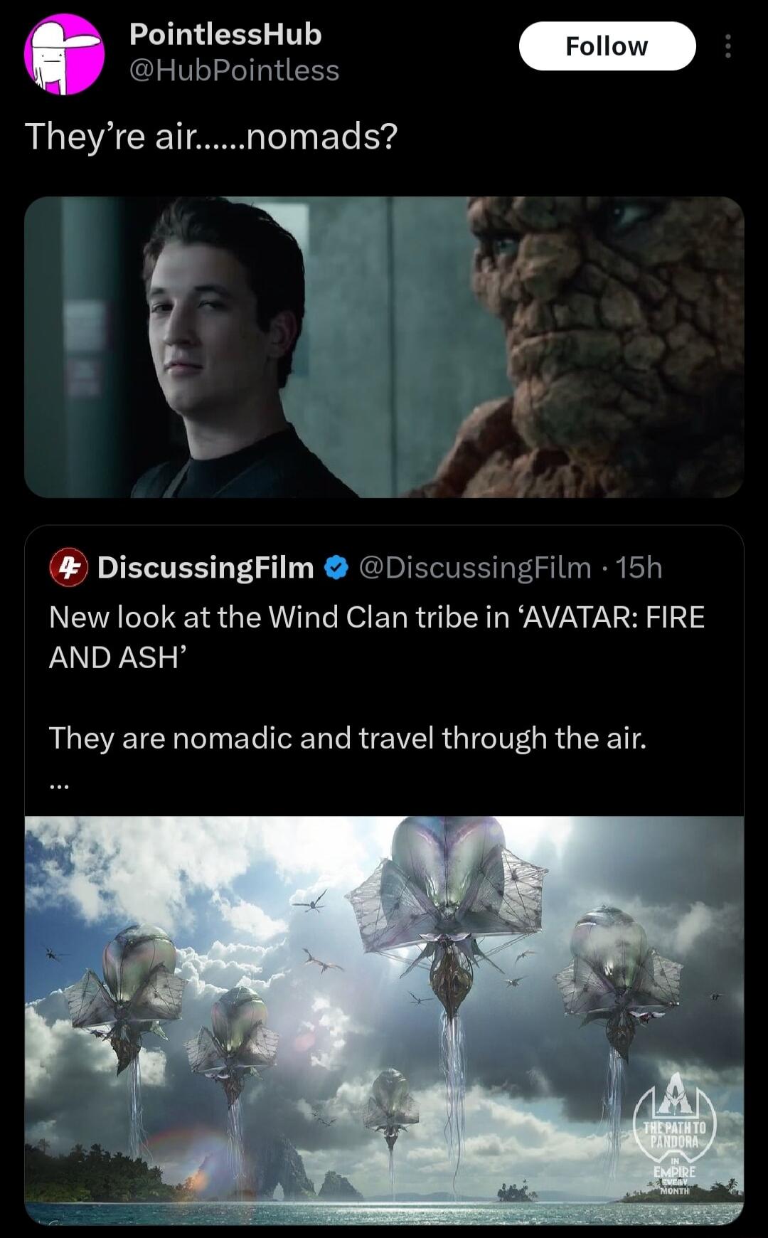 PointlessHub HubPointless ILWGACE DiscussingFilm DiscussingFilm 15h New look at the Wind Clan tribe in AVATAR FIRE AND ASH AUEEICH G ET LR EWE R QIO R T