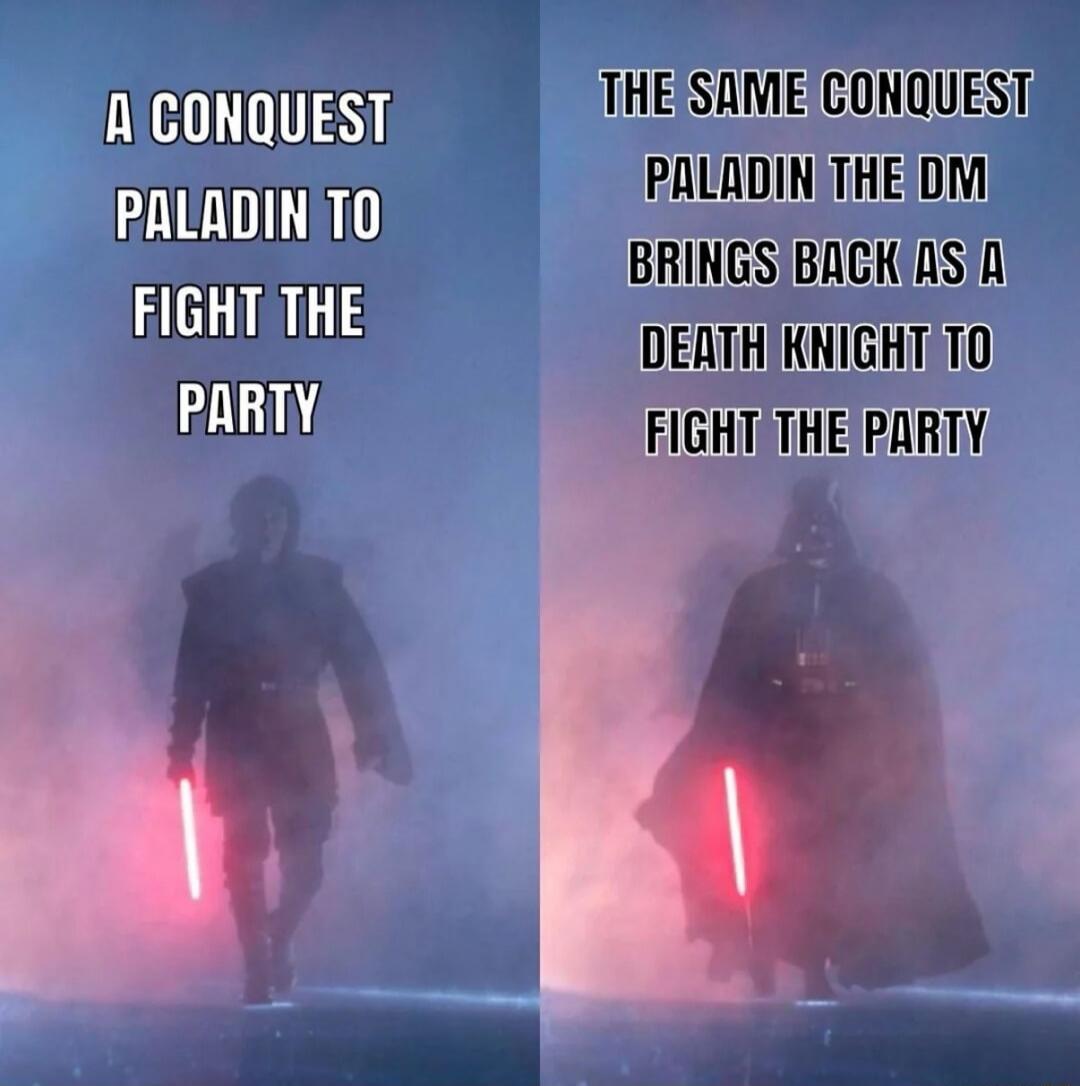 A CONQUEST PALADIN TO FIGHT THE PARTY THE SAME CONQUEST PALADIN THE DM BRINGS BACK AS A DEATH KNIGHT TO FIGHT THE PARTY