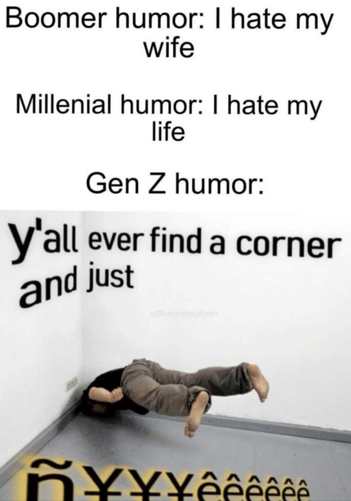 Boomer humor hate my wife Millenial humor hate my life Gen Z humor Yall ever find a corner and just