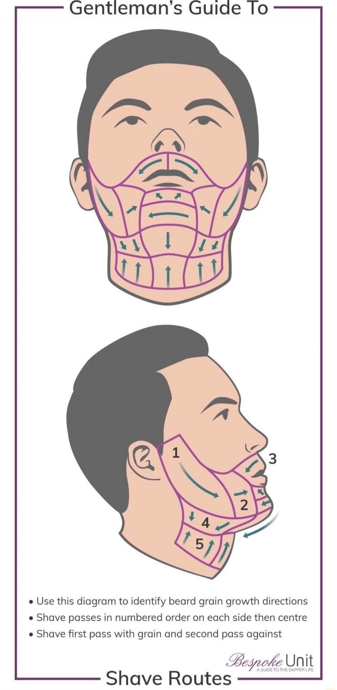 Gentleman's Guide To

Shave Routes

• Use this diagram to identify beard grain growth directions
• Shave passes in numbered order on each side then centre
• Shave first pass with grain and second pass against