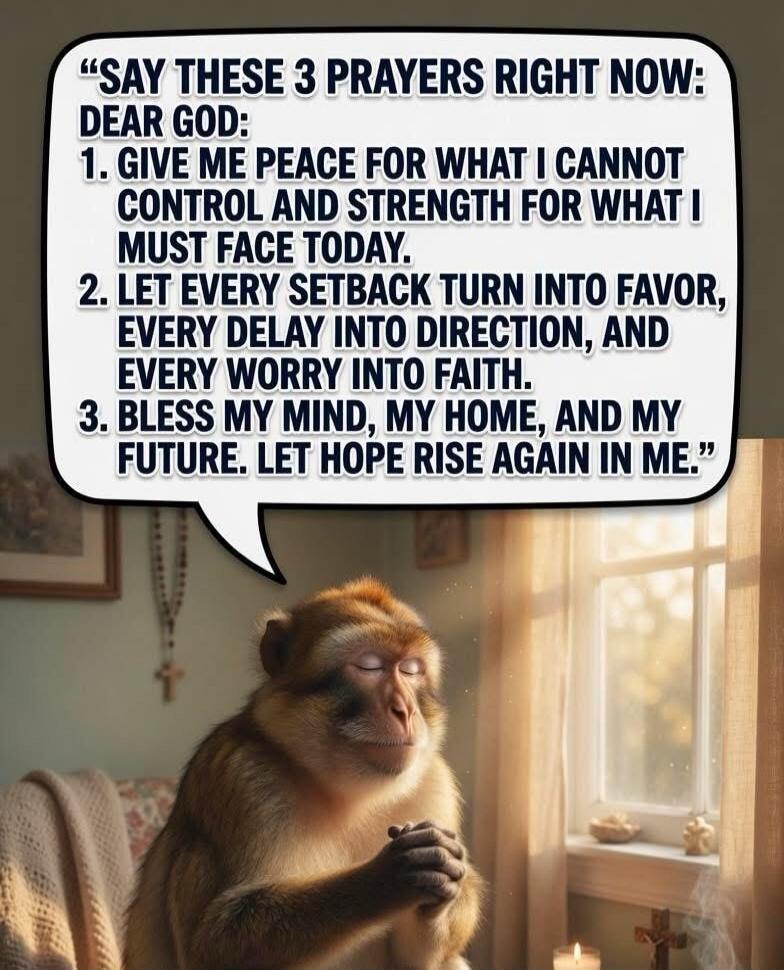 SAY THESE 3 PRAYERS RIGHT NOW: DEAR GOD: 1. GIVE ME PEACE FOR WHAT I CANNOT CONTROL AND STRENGTH FOR WHAT I MUST FACE TODAY. 2. LET EVERY SETBACK TURN INTO FAVOR, EVERY DELAY INTO DIRECTION, AND EVERY WORRY INTO FAITH. 3. BLESS MY MIND, MY HOME, AND MY FUTURE. LET HOPE RISE AGAIN IN ME.