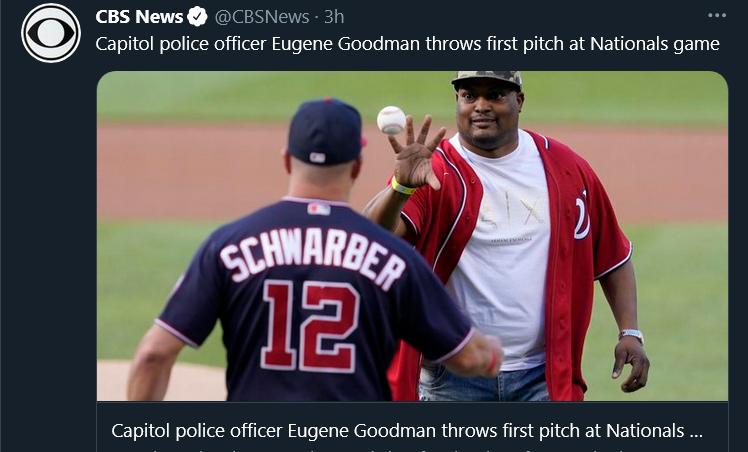 a 4 TRY NalasNENERED Capitol police officer Eugene Goodman throws first pitch at Nationals game Capitol police officer Eugene Goodman throws first pitch at Nationals