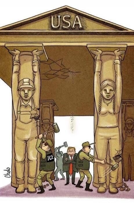 The image shows a building with 'USA' on its pediment, supported by two large statues representing workers. Below, figures labeled 'ICE' and one resembling Donald Trump are chipping away at the bases of these statues with hammers, causing the ceiling to crack and crumble. The artist's signature 'Chebo' is also visible.