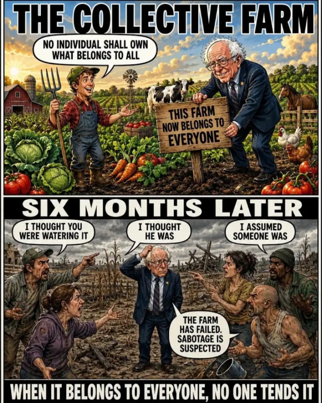 THE COLLECTIVE FARM. NO INDIVIDUAL SHALL OWN WHAT BELONGS TO ALL. THIS FARM NOW BELONGS TO EVERYONE. SIX MONTHS LATER. I THOUGHT YOU WERE WATERING IT. I THOUGHT HE WAS. I ASSUMED SOMEONE WAS. THE FARM HAS FAILED. SABOTAGE IS SUSPECTED. WHEN IT BELONGS TO EVERYONE, NO ONE TENDS IT.
