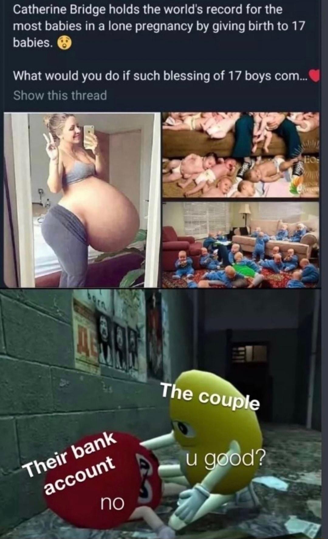 Catherine Bridge holds the worlds record for the most babies in a lone pregnancy by giving birth to 17 babies LAy 1 ROoT o 7TV TUTot W o ESEST 19 To o A o To SR oYy O S IVR GIER G FTe