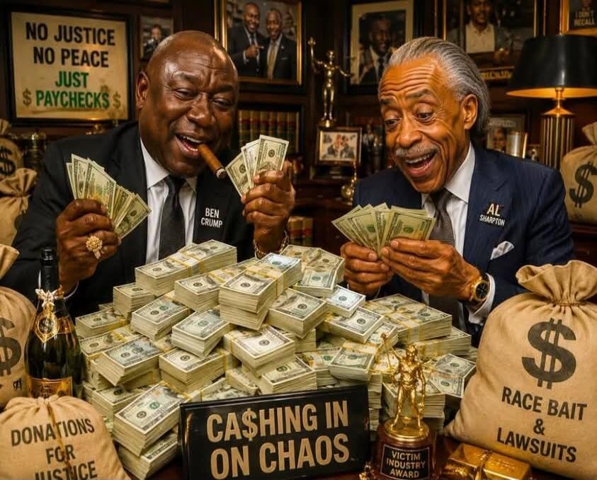 NO JUSTICE NO PEACE JUST $ PAYCHECKS $ BEN CRUMP AL SHARPTON CASHING IN ON CHAOS VICTIM INDUSTRY AWARD DONATIONS FOR JUSTICE RACE BAIT & LAWSUITS