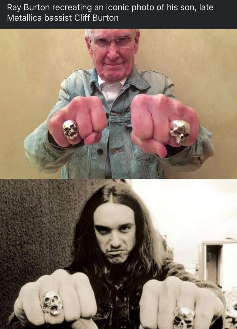 Ray Burton recreating an iconic photo of his son late Metallica bassist Cliff Burton