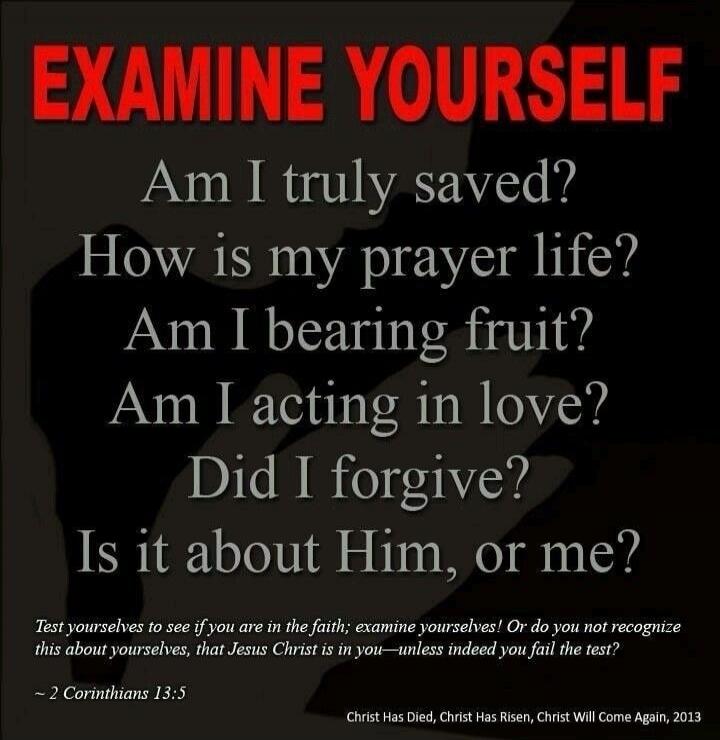 EXAMINE YOURSELF Am I truly saved? How is my prayer life? Am I bearing fruit? Am I acting in love? Did I forgive? Is it about Him, or me? Test yourselves to see if you are in the faith; examine yourselves! Or do you not recognize this about yourselves, that Jesus Christ is in you—unless indeed you fail the test? ~ 2 Corinthians 13:5 Christ Has Died