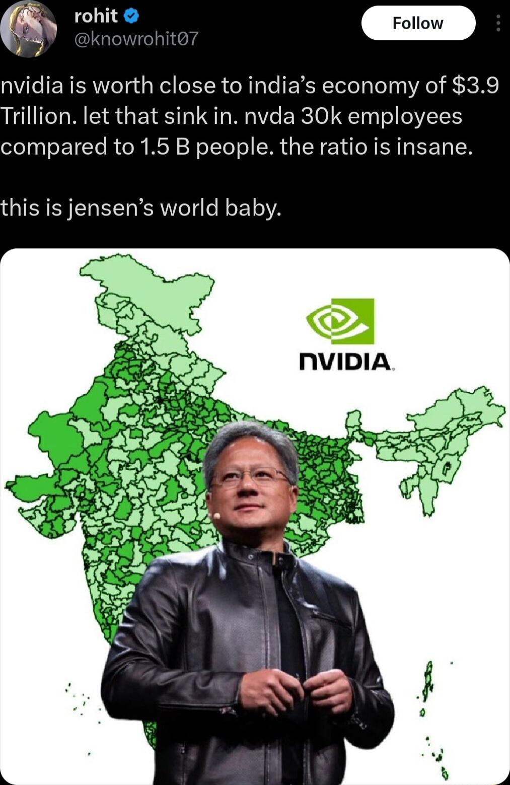 i nvidia is worth close to indias economy of 39 Trillion let that sink in nvda 30k employees compared to 15 B people the ratio is insane this is jensens world baby