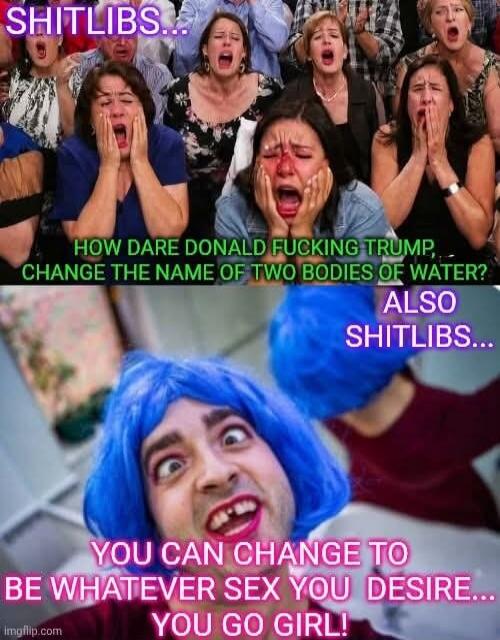 SHITLIBS... HOW DARE DONALD FUCKING TRUMP, CHANGE THE NAME OF TWO BODIES OF WATER? ALSO SHITLIBS... YOU CAN CHANGE TO BE WHATEVER SEX YOU DESIRE... YOU GO GIRL!