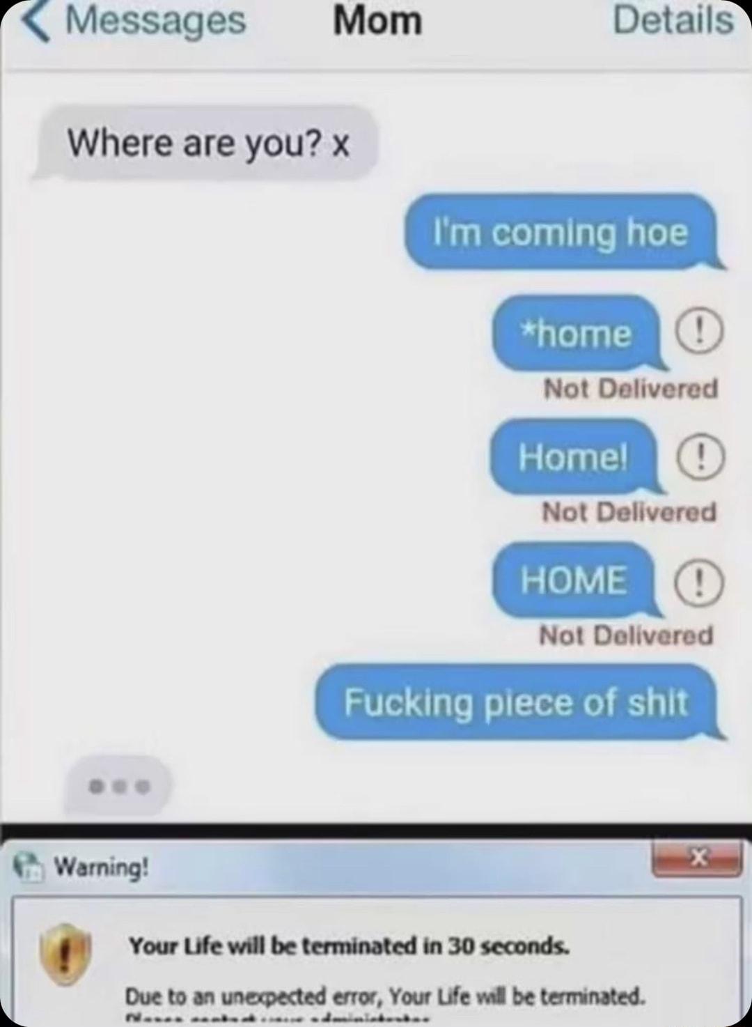 Messages Mom Details Where are you x HapRelelaallaleBalel e Y8 Not Delivered A o Not Delivered o Not Delivered Fucking plece of shit Warning Your Life will be terminated in 30 seconds Due to an unexpected error Your Life wall be terminated Navos conbadd e odasinisbosbos