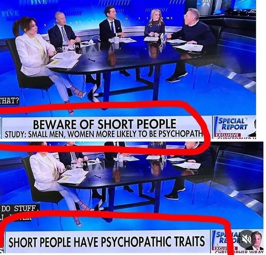 HAT BEWARE OF SHORT PEOPLE STUDYSHALL MEN WONEN ORE LKELY 1O SHORT PEOPLE HAVE PSYCHOPATHIC TRAITS