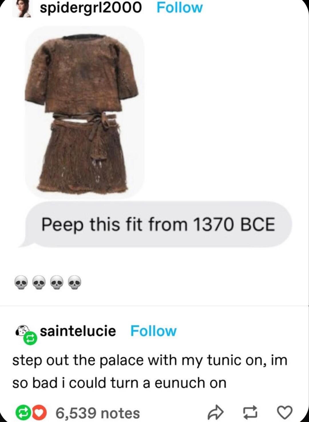 J spidergrl2000 Follow R Peep this fit from 1370 BCE vevew Cf saintelucie Follow step out the palace with my tunic on im so bad i could turn a eunuch on 0 6539 notes 2 oy