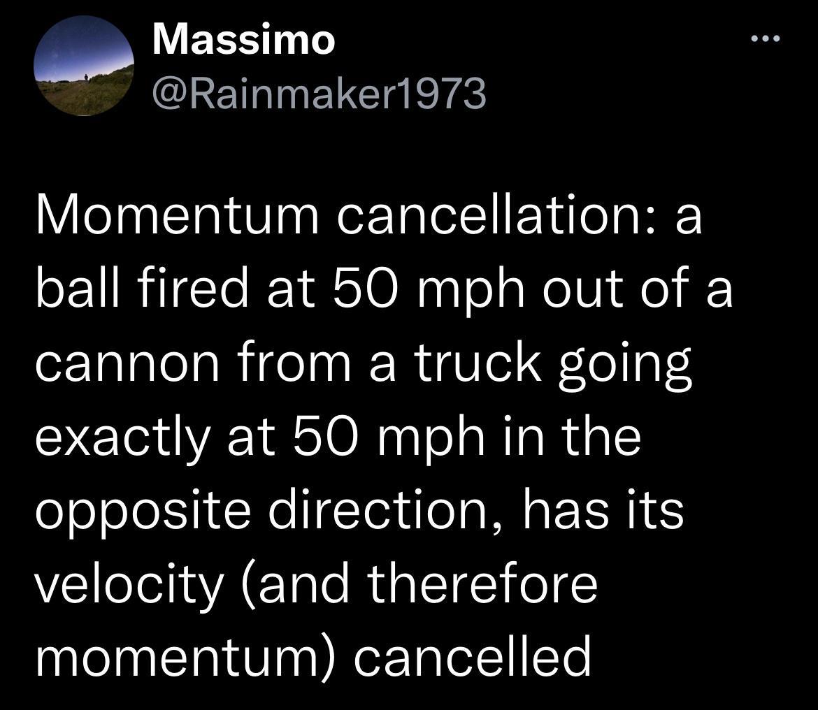 LEEST T l ler VIeTn ClatdFlaaRer Talol1 E TiloT HEY oE1IRiIETe Y eT0 N ol s WolUi dfe eTalalelaRigeTa R Vo Io oS exactly at 50 mph in the opposite direction has its velocity and therefore momentum cancelled