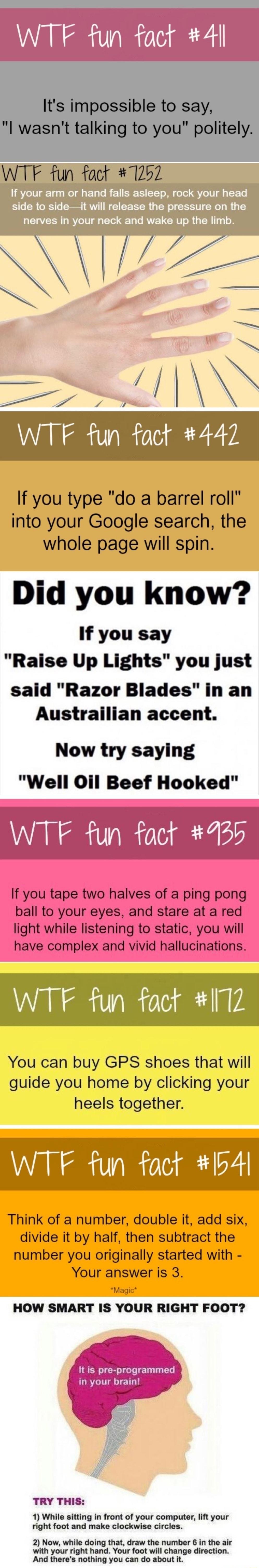 WTF fun fact 4l Its impossible to say l wasnt talking to you politely WTF fun fact 7292 7 by v T T b r If you type do a barrel roll into your Google search the whole page will spin Did you know If you say Raise Up Lights you just said Razor Blades in an Austrailian accent Now try saying Well Oil Beef Hooked WTF fun fact 4955 WAL R R A You can buy GPS shoes that will guide you home by clicking your