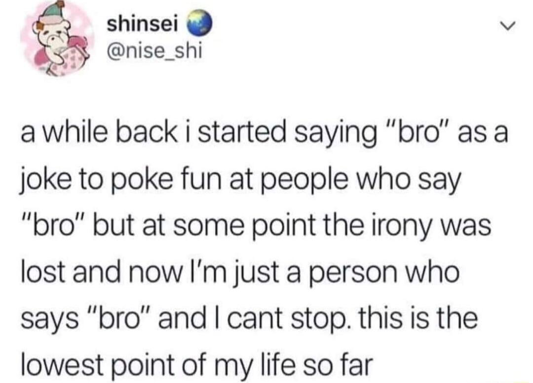 shinsei v i1y nise_shi awhile back i started saying bro as a joke to poke fun at people who say bro but at some point the irony was lost and now Im just a person who says bro and cant stop this is the lowest point of my life so far