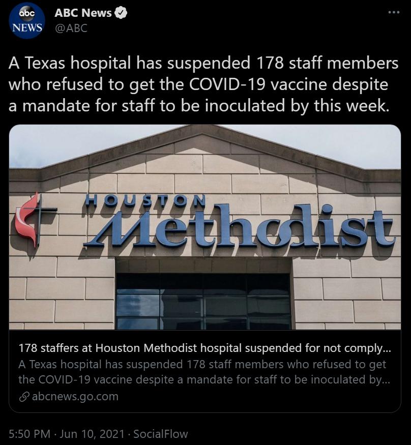 Tef Y NEWS ABC NS ERN e ot 1l ERS U o oY Yo I WAS RS o1 00 T g o114 who refused to get the COVID 19 vaccine despite ENNENTCEYCR TSl R ol o WslolalT E1ZTe N oVA TRV 178 staffers at Houston Methodist hospital suspended for not comply A Texas hospital has suspended 178 staff members who refused to get ROV DRy ERVE Telelg N6 N o CRE N EIN e ECR S 11 ol o R T eTe VI E1 T N 0 abcnewsgocom 550 PM Jun 10 