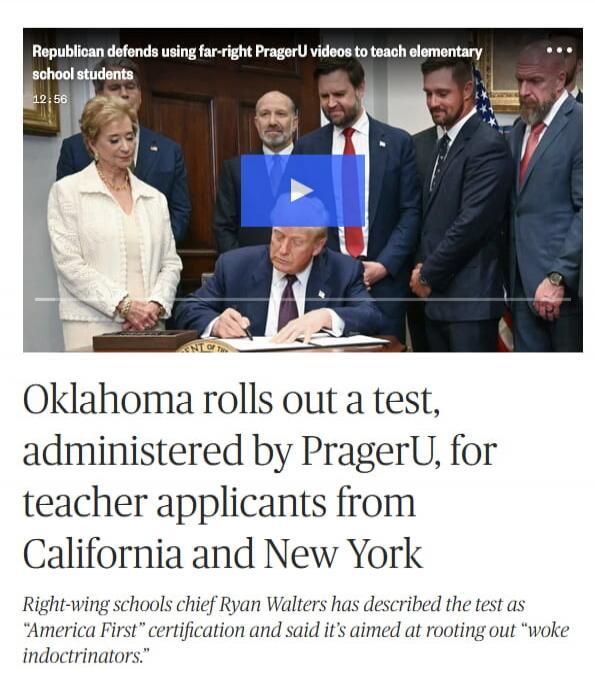Republican defends using far-right PragerU videos to teach elementary school students
Oklahoma rolls out a test, administered by PragerU, for teacher applicants from California and New York
Right-wing schools chief Ryan Walters has described the test as 