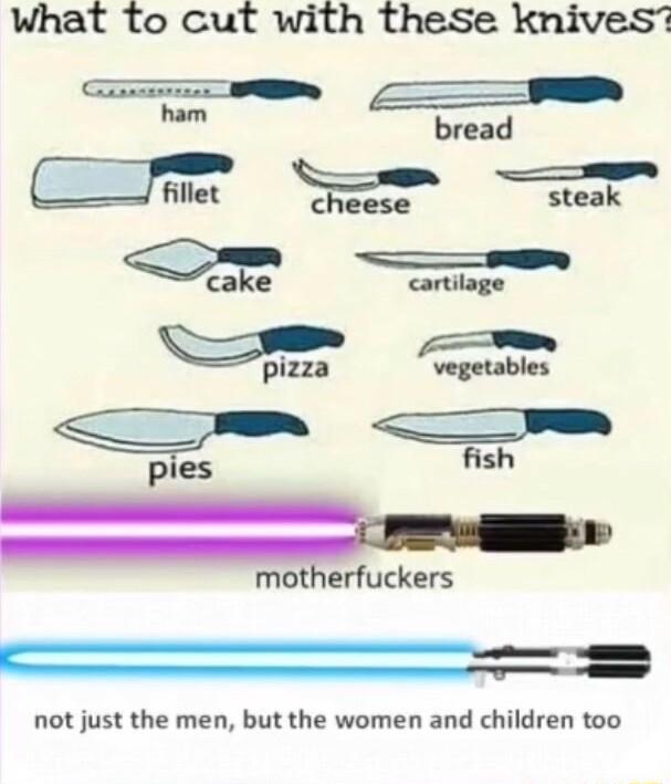 What to cut with these knives e hew bread m e steak _n cake cartilage motherfuckers o not just the men but the women and children too