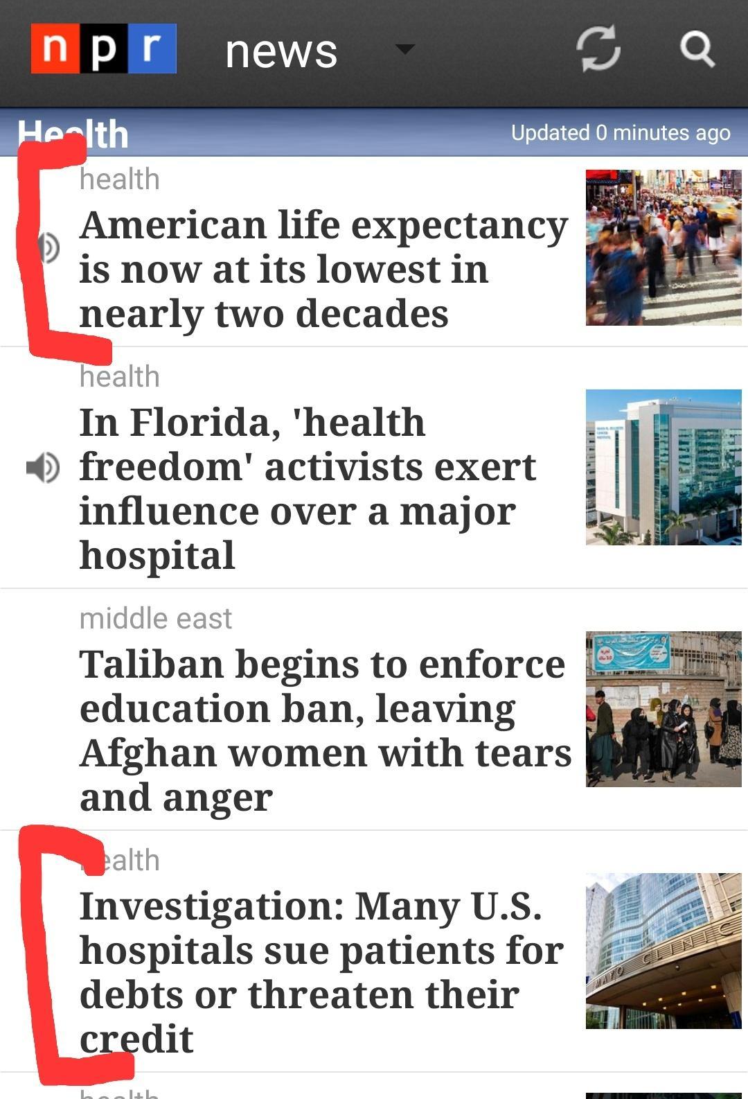 health American life expectancy is now at its lowest in nearly two decades health In Florida health freedom activists exert influence over a major hospital Tallban begins to enforce education ban leaving Afghan women with tears and anger th Investigation Many US hospitals sue patients for debts or threaten their credit