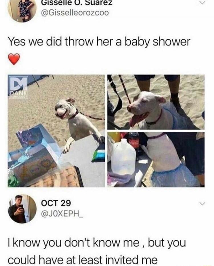 Gisselle O. Suarez @Gisselleorozcoo Yes we did throw her a baby shower ❤️ DANK MEMEOLOGY OCT 29 @J0XEPH_ I know you don't know me, but you could have at least invited me