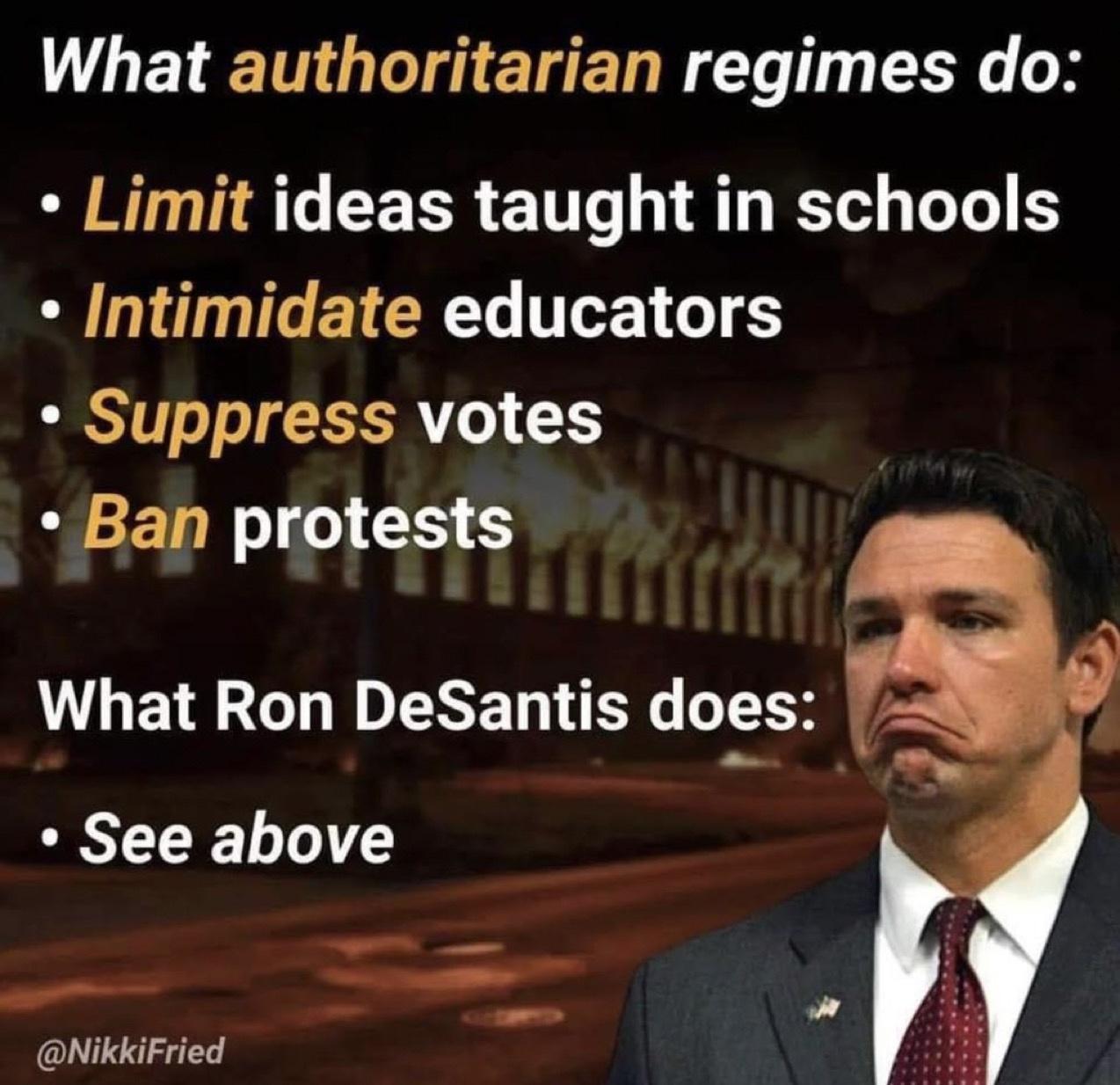 What authoritarian regimes do Limit ideas taught in schools Intimidate educators Suppress votes QEELR What Ron DeSantis does See above NikkiFried