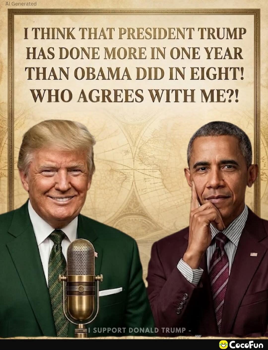 I THINK THAT PRESIDENT TRUMP HAS DONE MORE IN ONE YEAR THAN OBAMA DID IN EIGHT! WHO AGREES WITH ME?! I SUPPORT DONALD TRUMP.