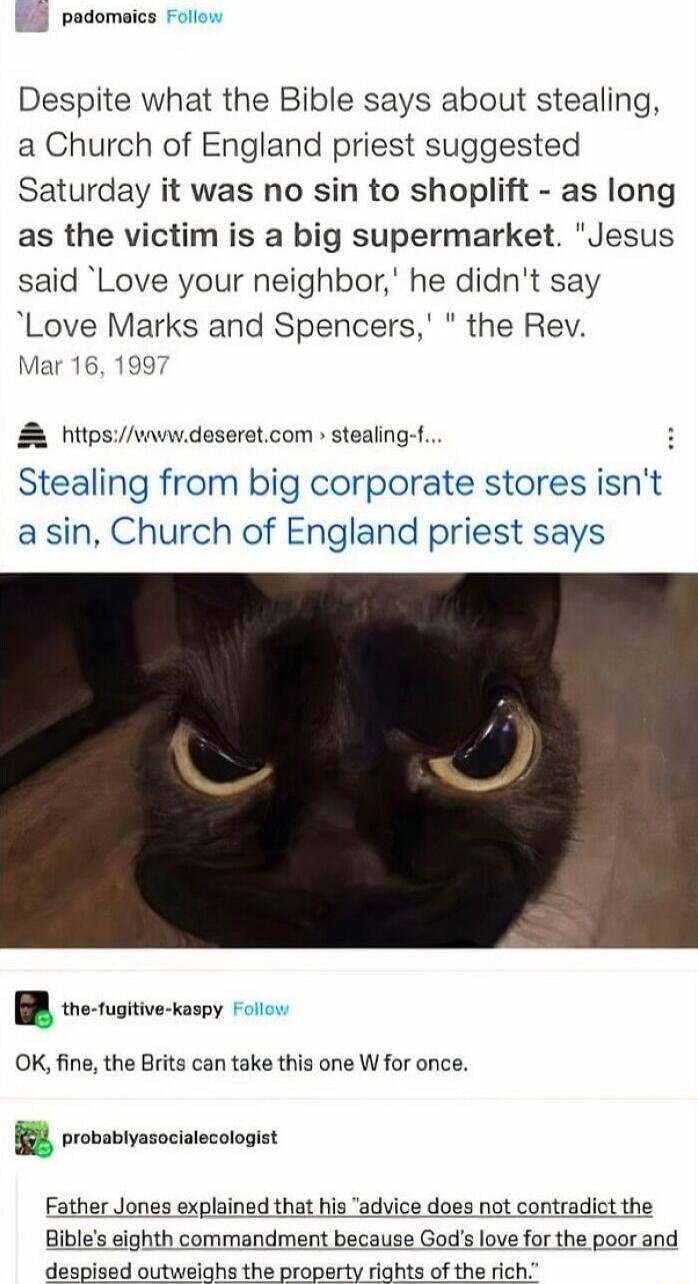g padomaics Despite what the Bible says about stealing a Church of England priest suggested Saturday it was no sin to shoplift as long as the victim is a big supermarket Jesus said Love your neighbor he didnt say Love Marks and Spencers the Rev Mar 16 199 hitpsyvavwdeseretcom stealing f Stealing from big corporate stores sn1 a sin Church of England priest says OK fine the Brits can take this one W