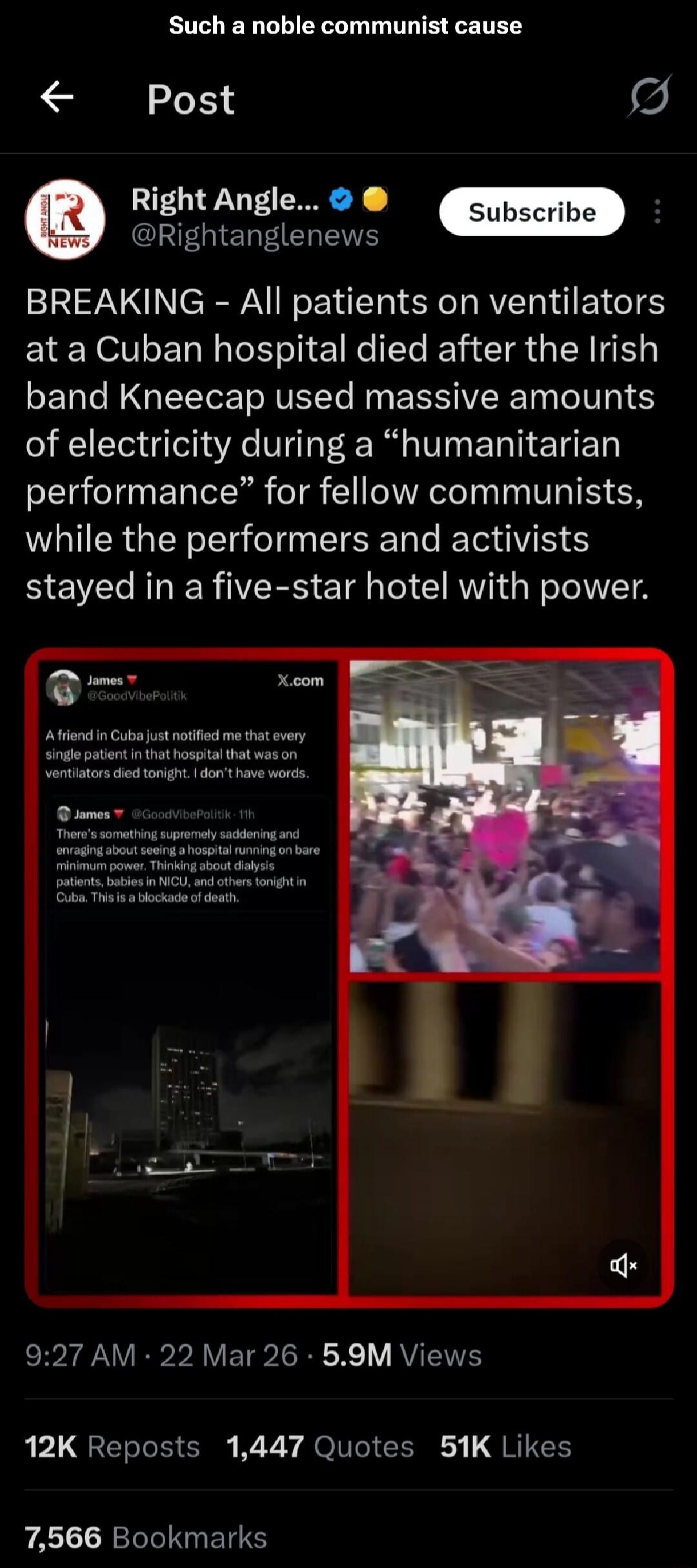 Such a noble communist cause. BREAKING - All patients on ventilators at a Cuban hospital died after the Irish band Kneecap used massive amounts of electricity during a 