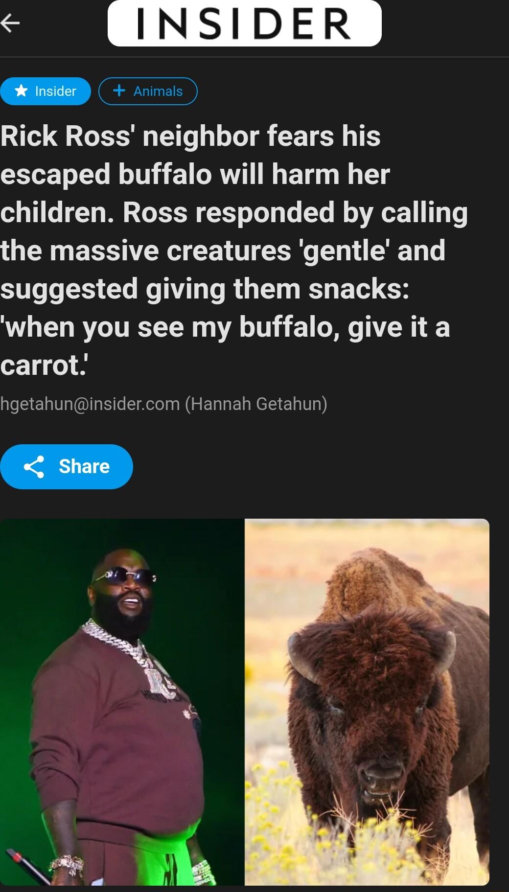 S INSIDER Rick Ross neighbor fears his escaped buffalo will harm her children Ross responded by calling G N EESER T R T CORG TN ST ST CL I T R T S BT G when you see my buffalo give it a carrot hgetahuninsidercom Hannah Getahun