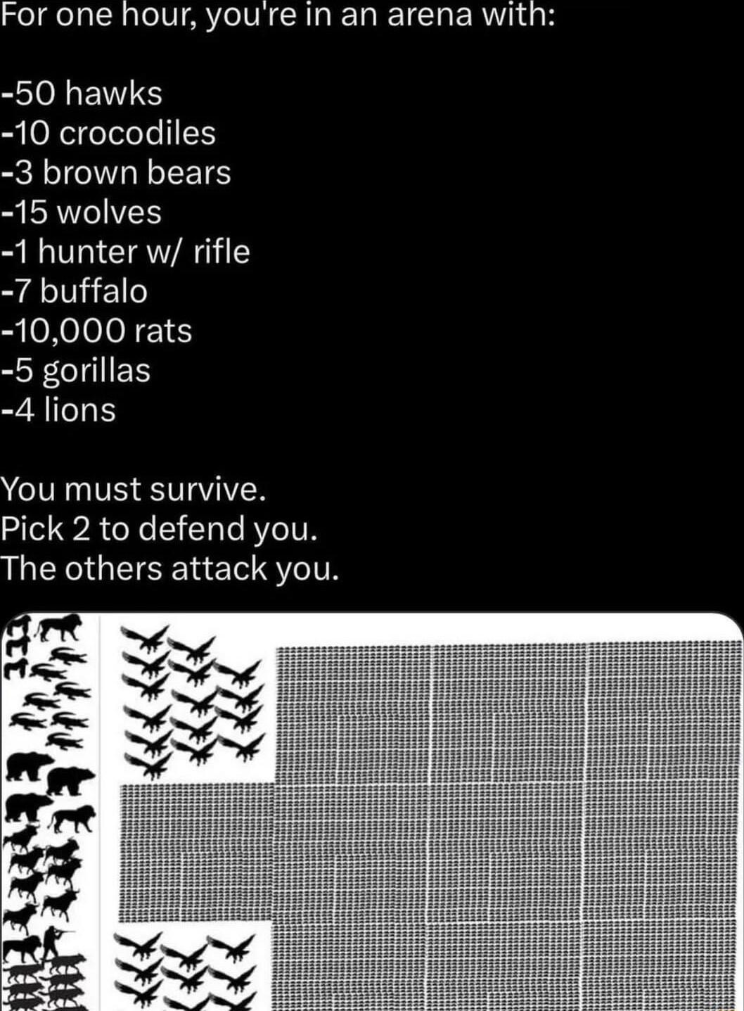 For one hour youre in an arena with L EIE 10 crocodiles 3 brown bears 15 wolves 1 hunter w rifle 7 buffalo 10000 rats 5 gorillas 4 lions You must survive Pick 2 to defend you ILERIGEISET TS TR