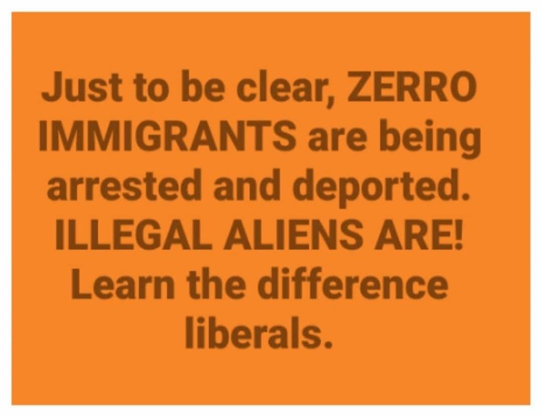 Just to be clear, ZERRO IMMIGRANTS are being arrested and deported. ILLEGAL ALIENS ARE! Learn the difference liberals.