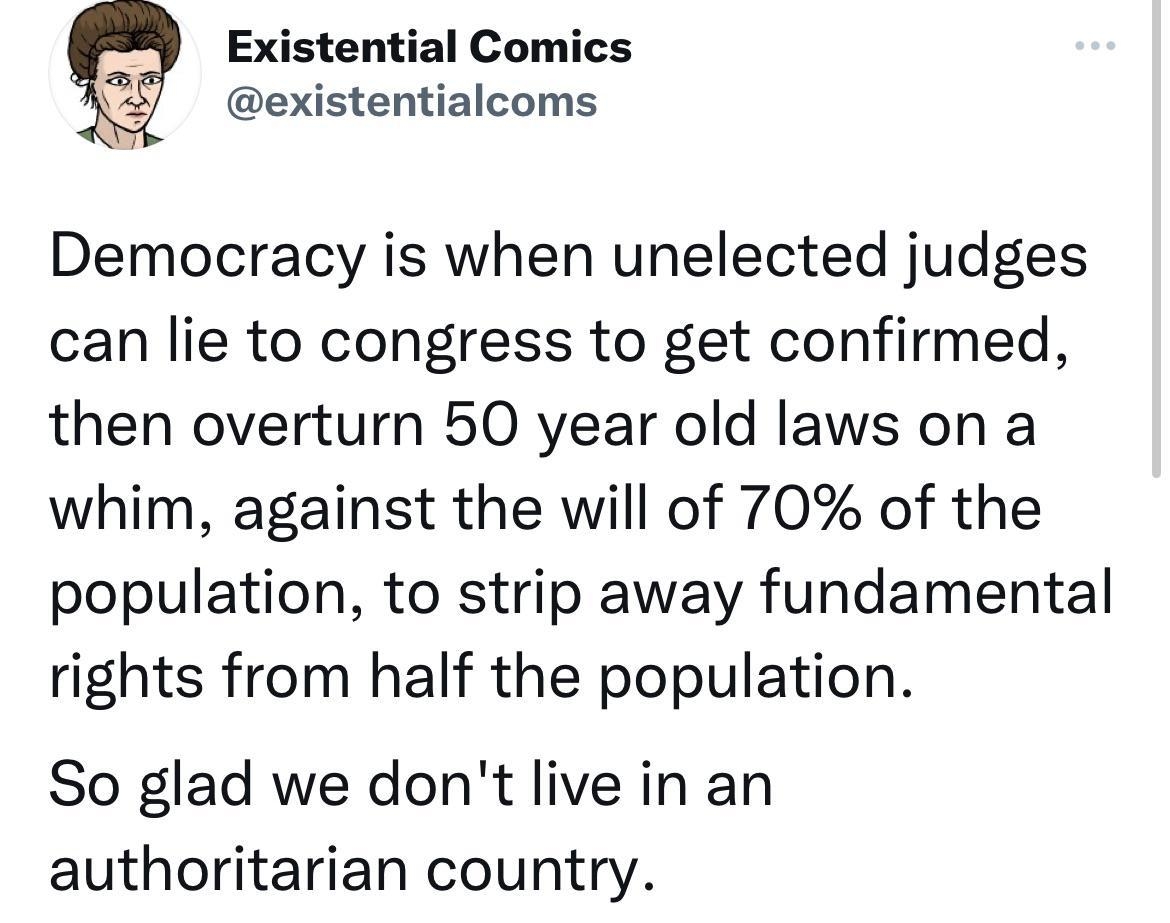 Existential Comics existentialcoms Democracy is when unelected judges can lie to congress to get confirmed then overturn 50 year old laws on a whim against the will of 70 of the population to strip away fundamental rights from half the population So glad we dont live in an authoritarian country 990 DM E299 Tudstar Wah A