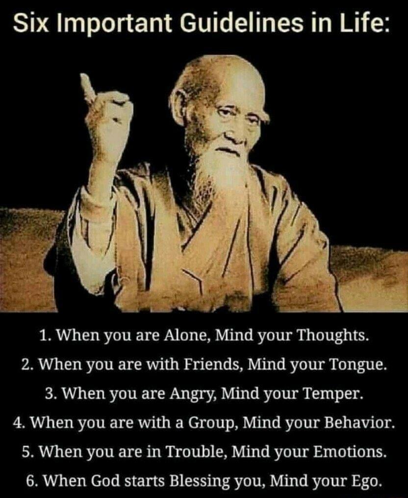 Six Important Guidelines in Life SE Y 1 When you are Alone Mind your Thoughts 2 When you are with Friends Mind your Tongue 3 When you are Angry Mind your Temper 4 When you are with a Group Mind your Behavior 5 When you are in Trouble Mind your Emotions 6 When God starts Blessing you Mind your Ego