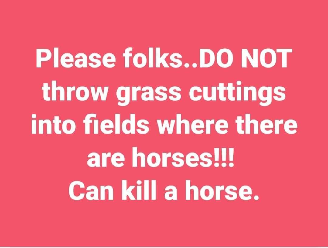 Please folksDO NOT throw grass cuttings into fields where there are horses Can kill a horse