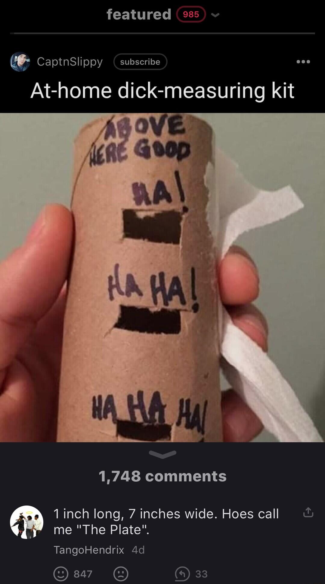 featured 985 CaptnSlippy subscribe At home dick measuring kit 1748 comments 3 me The Plate TangoHendrix 4d sa7 O m 1inch long 7 inches wide Hoes call