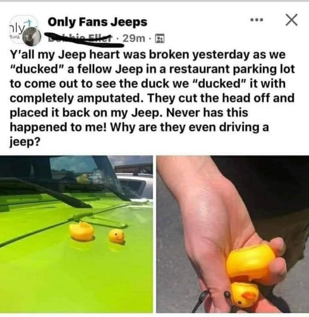 7y Only Fans Jeeps o X zsam B Yall my Jeep heart was broken yesterday as we ducked a fellow Jeep in a restaurant parking lot to come out to see the duck we ducked it with completely amputated They cut the head off and placed it back on my Jeep Never has this happened to me Why are they even driving a jeep