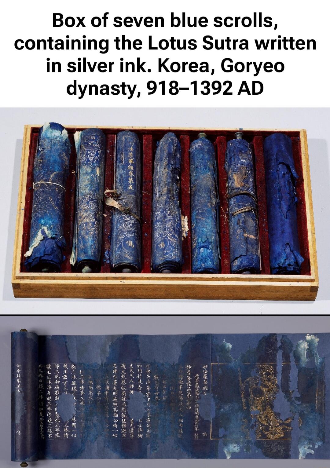 Box of seven blue scrolls, containing the Lotus Sutra written in silver ink. Korea, Goryeo dynasty, 918–1392 AD