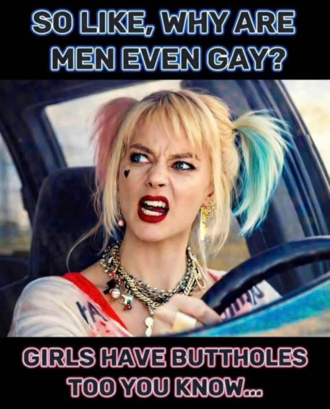 SO LIKE, WHY ARE MEN EVEN GAY? GIRLS HAVE BUTTHOLES TOO YOU KNOW...