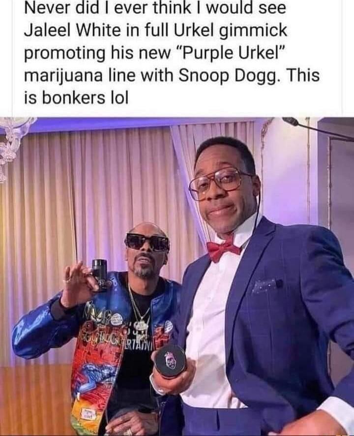 Never did ever think would see Jaleel White in full Urkel gimmick promoting his new Purple Urkel marijuana line with Snoop Dogg This is bonkers lol