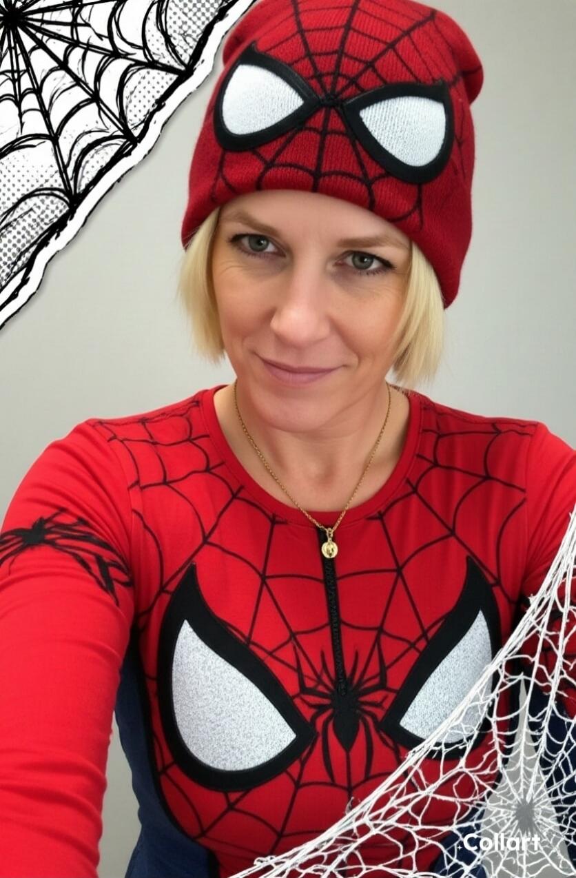 A woman dressed in a Spider-Man costume, wearing a red beanie and a long-sleeve shirt with the Spider-Man logo. Decorative spider webs are visible in the background.