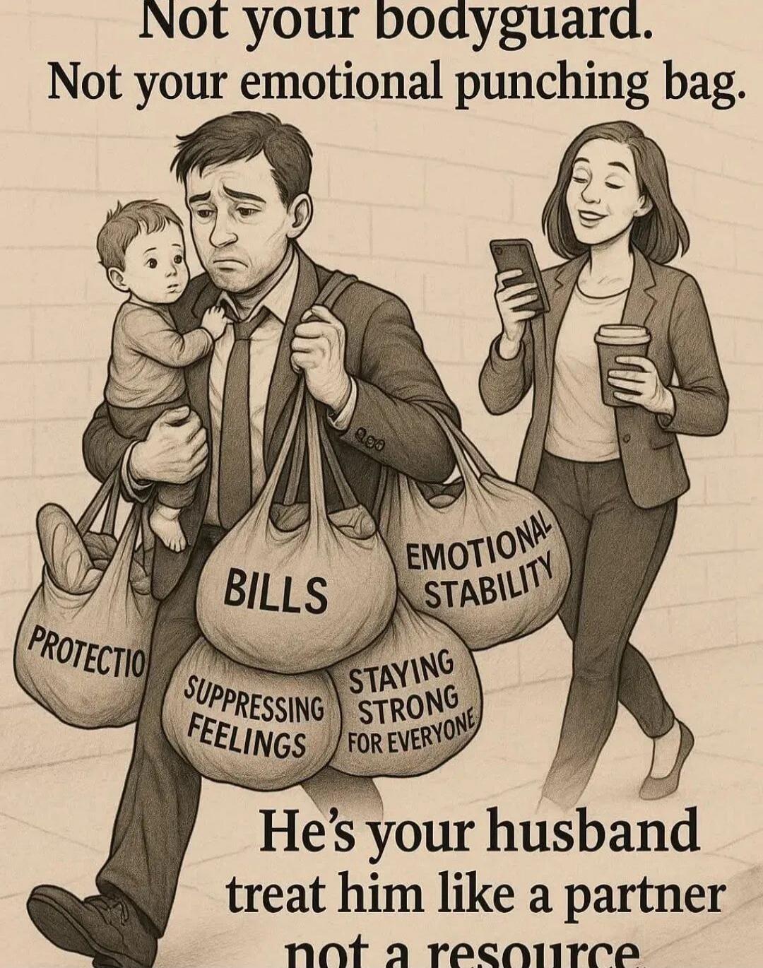 Not your bodyguard. Not your emotional punching bag. PROTECTION BILLS SUPPRESSING FEELINGS STAYING STRONG FOR EVERYONE EMOTIONAL STABILITY He's your husband treat him like a partner not a resource
