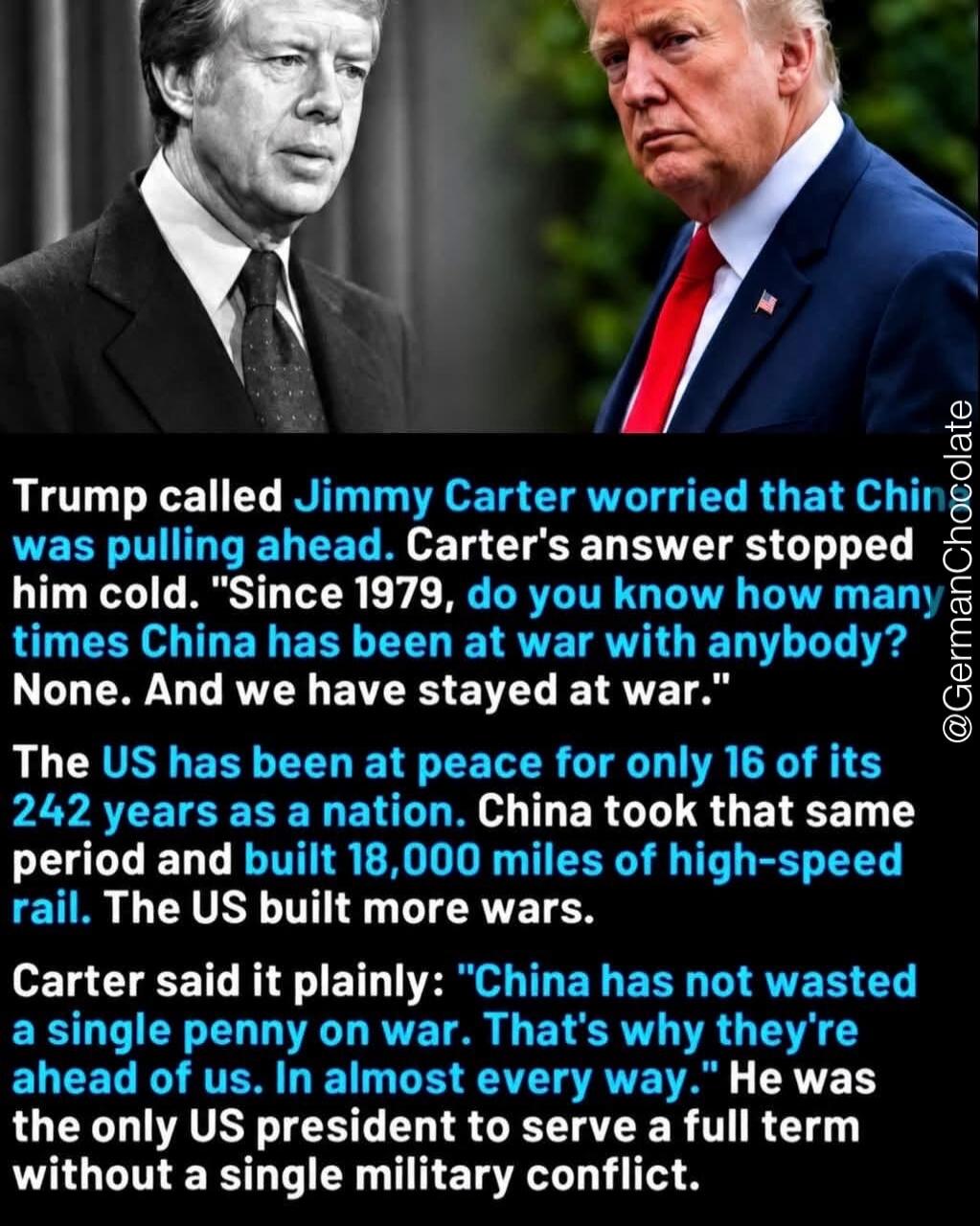 Trump called Jimmy Carter worried that China was pulling ahead. Carter's answer stopped him cold. 
