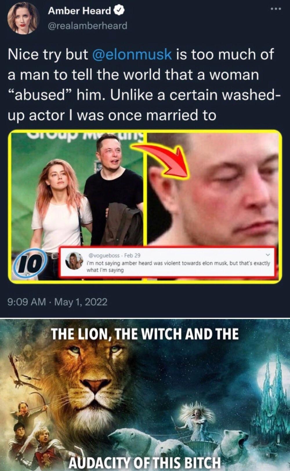 QICEIEINEIH R Amber Heard N ToTR aA o Vi IEICTRIRRINE R S oo Moy Vo1 g Mo a man to tell the world that a woman abused him Unlike a certain washed W J Toa o gl RVVF Y Wo g ol WeyF Taq To R o CTOUp W OIS 909 AM May 1 2022 THELION THEWITCHANDTHE q Bk o