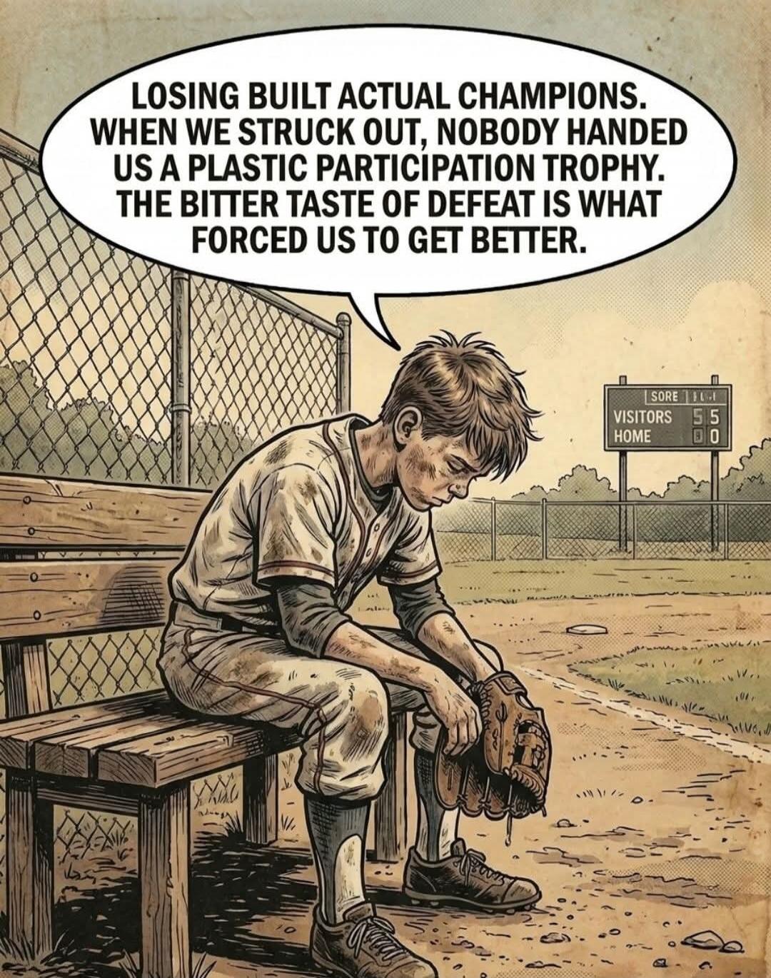 LOSING BUILT ACTUAL CHAMPIONS. WHEN WE STRUCK OUT, NOBODY HANDED US A PLASTIC PARTICIPATION TROPHY. THE BITTER TASTE OF DEFEAT IS WHAT FORCED US TO GET BETTER.