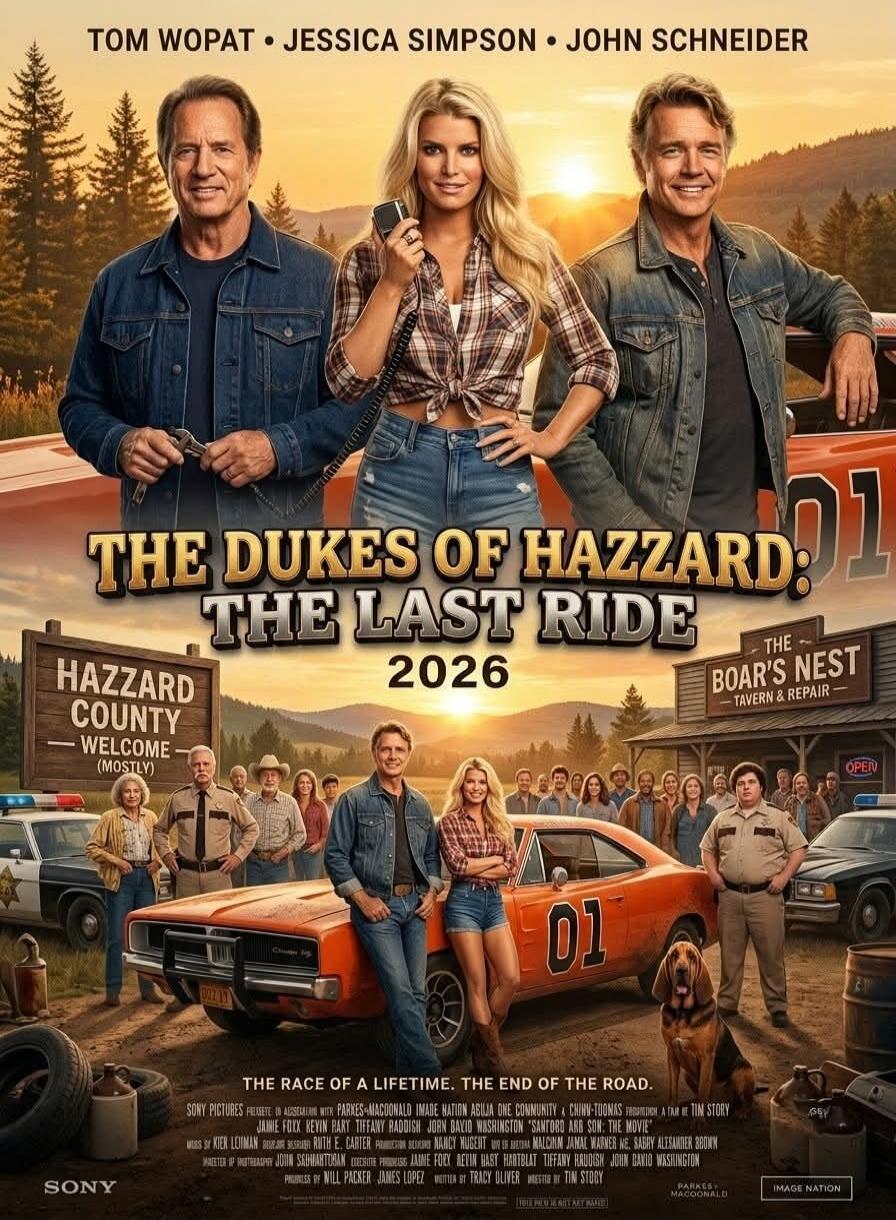 TOM WOPAT • JESSICA SIMPSON • JOHN SCHNEIDER THE DUKES OF HAZZARD: THE LAST RIDE 2026 HAZZARD COUNTY — WELCOME (MOSTLY) THE BOAR'S NEST TAVERN & REPAIR OPEN THE RACE OF A LIFETIME. THE END OF THE ROAD. SONY IMAGE NATION
