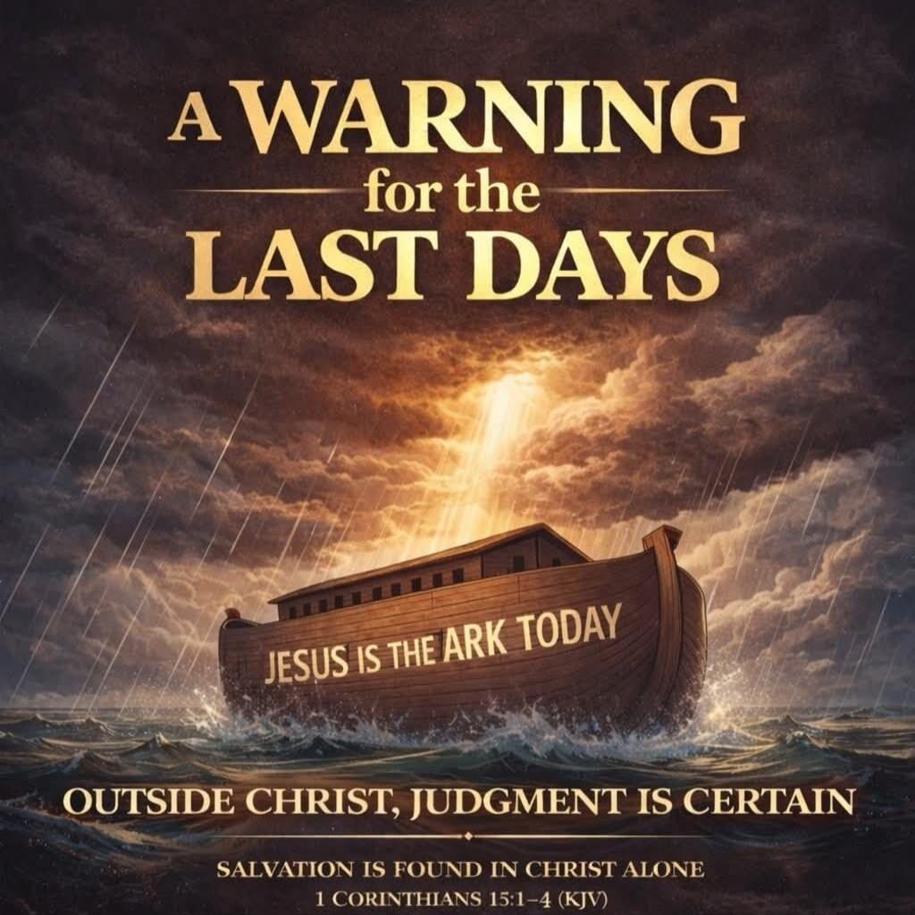 A WARNING for the LAST DAYS. JESUS IS THE ARK TODAY. OUTSIDE CHRIST, JUDGMENT IS CERTAIN. SALVATION IS FOUND IN CHRIST ALONE. 1 CORINTHIANS 15:1-4 (KJV)