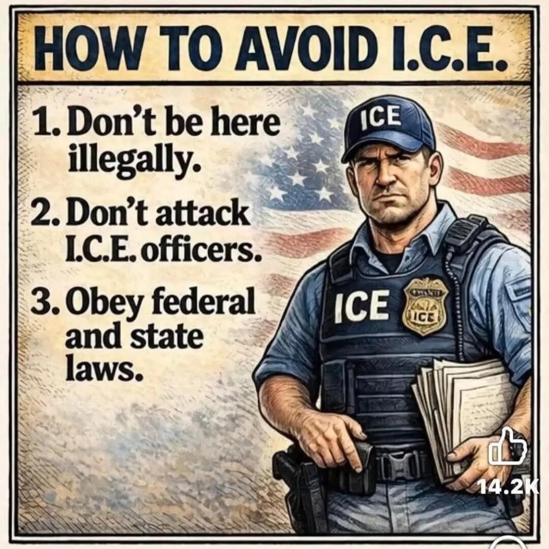 HOW TO AVOID I.C.E. 1. Don't be here illegally. 2. Don't attack I.C.E. officers. 3. Obey federal and state laws.
